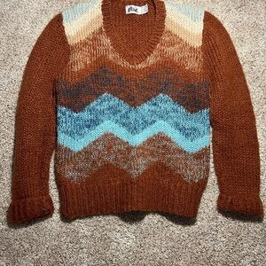 Folk Women's V-Neck Sweater in Brown and Blue Chevron
